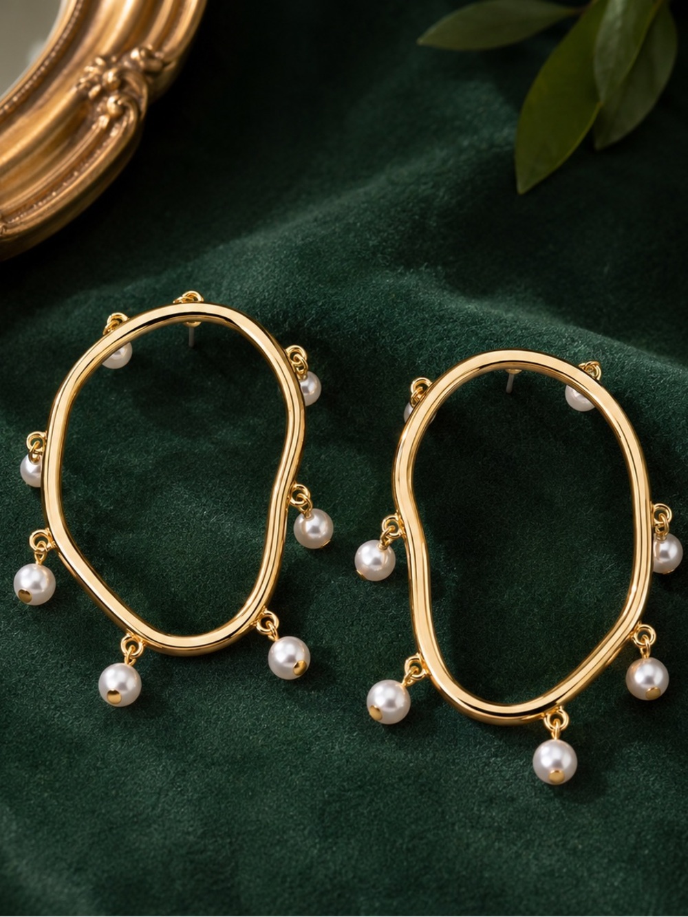 Anthropologie Gold Oval Hoop Earrings with White Pearls